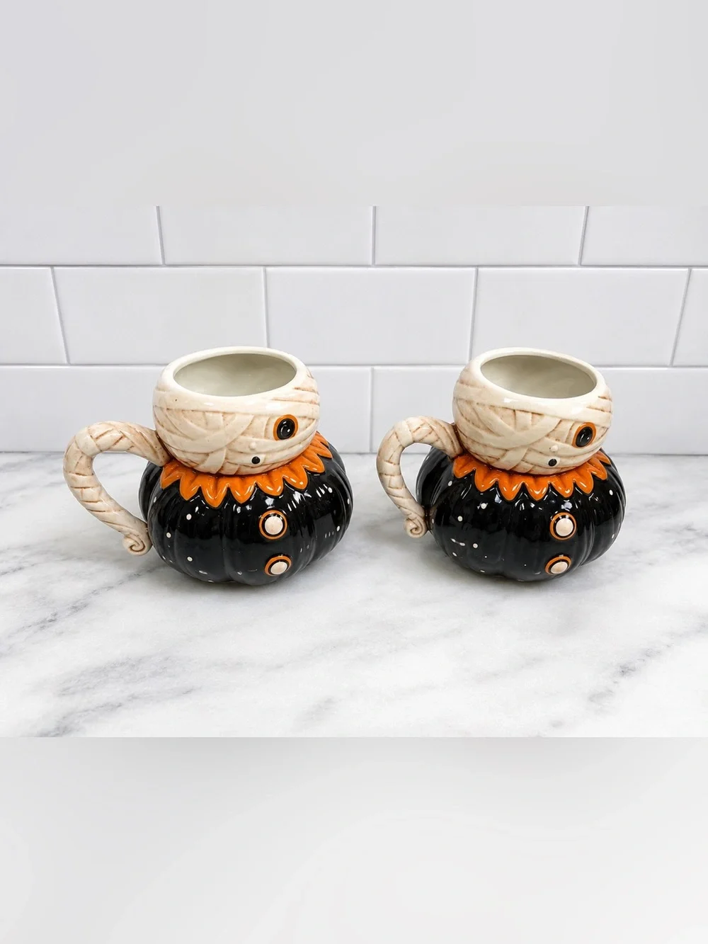 Pair NEW Johanna Parker Halloween Mummy Pumpkin Peeps Eye Jumbo Mug Set Of 2
